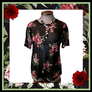 ROSES ☆ FLORAL PRINT ☆  BLACK MESH TEE ☆ 2x ☆ NWOT